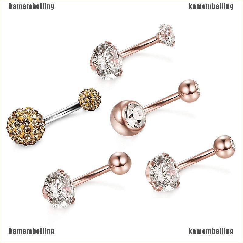 Bộ 5 Khuyên Rốn Bằng Thép Không Gỉ Đính Pha Lê