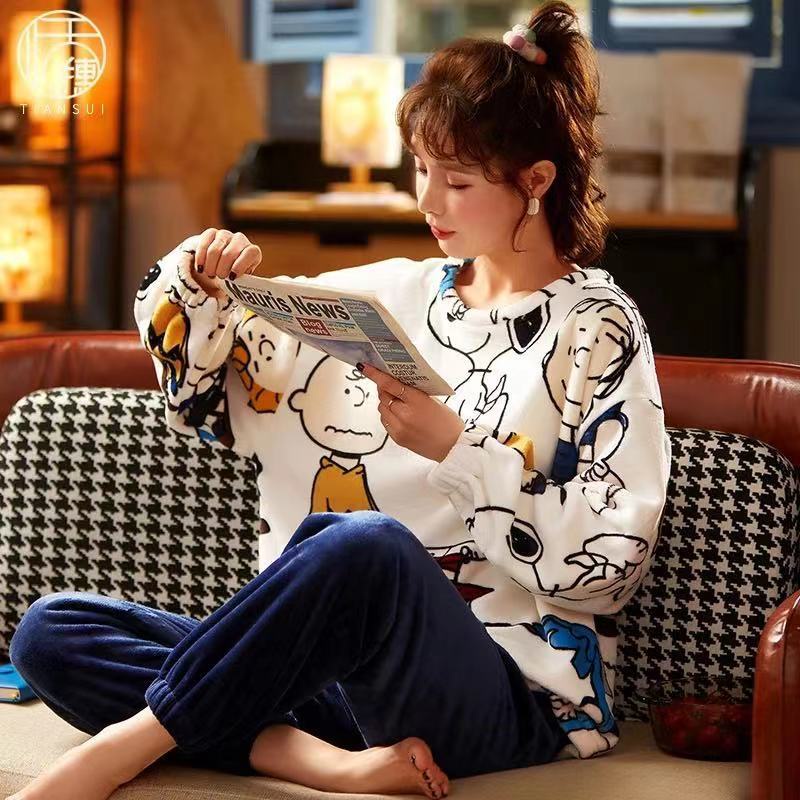 Bộ Đồ Ngủ Nữ - Pijama Quần Áo Mặc Ở Nhà Dài Tay Vải Nhung Bông Mùa Đông Xuân Thu Dễ Thương Ảnh Thật +Video BĐN09