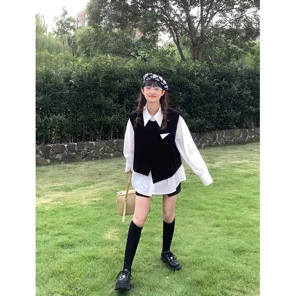 [ Ảnh thật ] ÁO SƠ MI DÁNG RỘNG KÈM GILE CÀI VẠT CHÉO | BigBuy360 - bigbuy360.vn