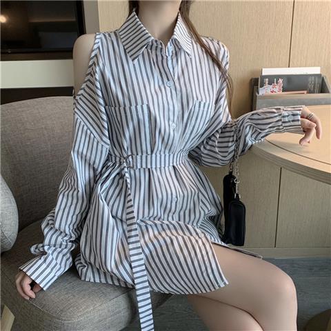 Áo Sơ Mi Dài Tay Hở Vai Họa Tiết Kẻ Sọc Phong Cách Retro Gợi Cảm Cho Nữ