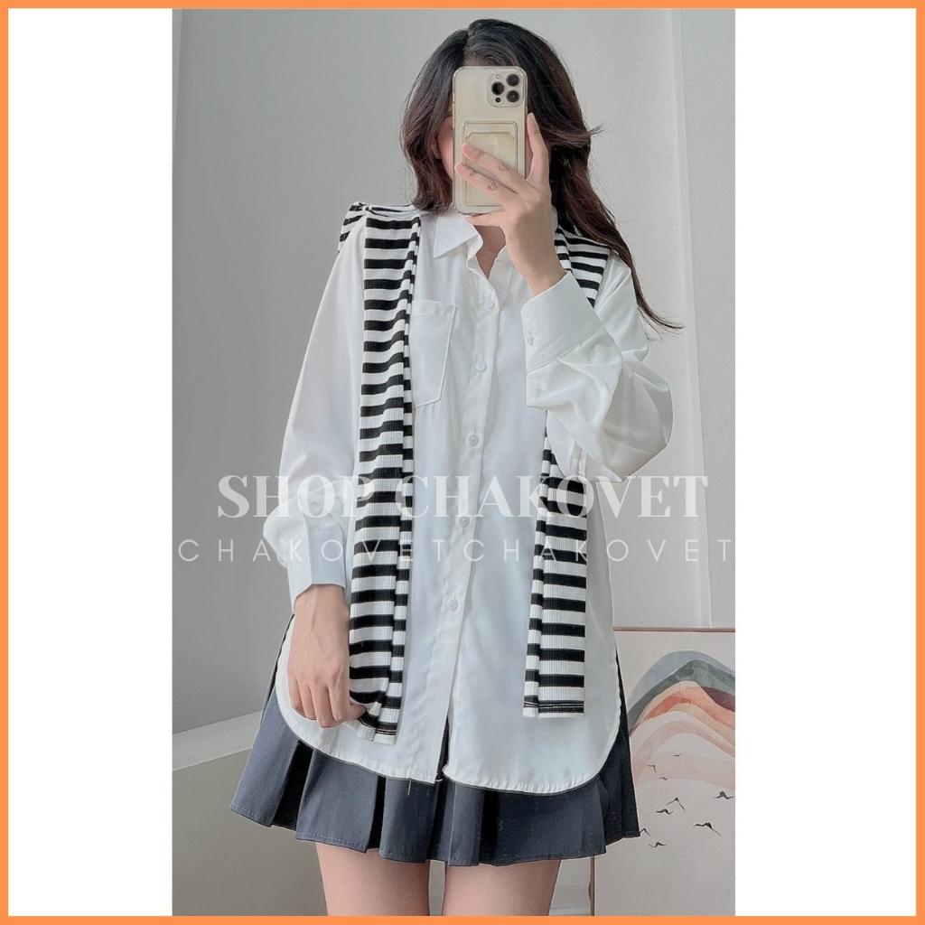 Áo sơ mi nữ dài tay kèm khăn kẻ tiểu thư A8427 Áo sơ mi form rộng cùng khăn choàng vắt vai Ulzzang siêu xinh xắn