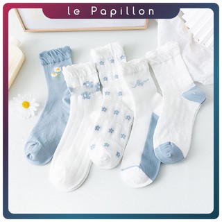 Tất vớ nữ cổ bèo Le Papillon xanh trắng hoa cúc nhí xinh xắn phong cách Hàn Quốc