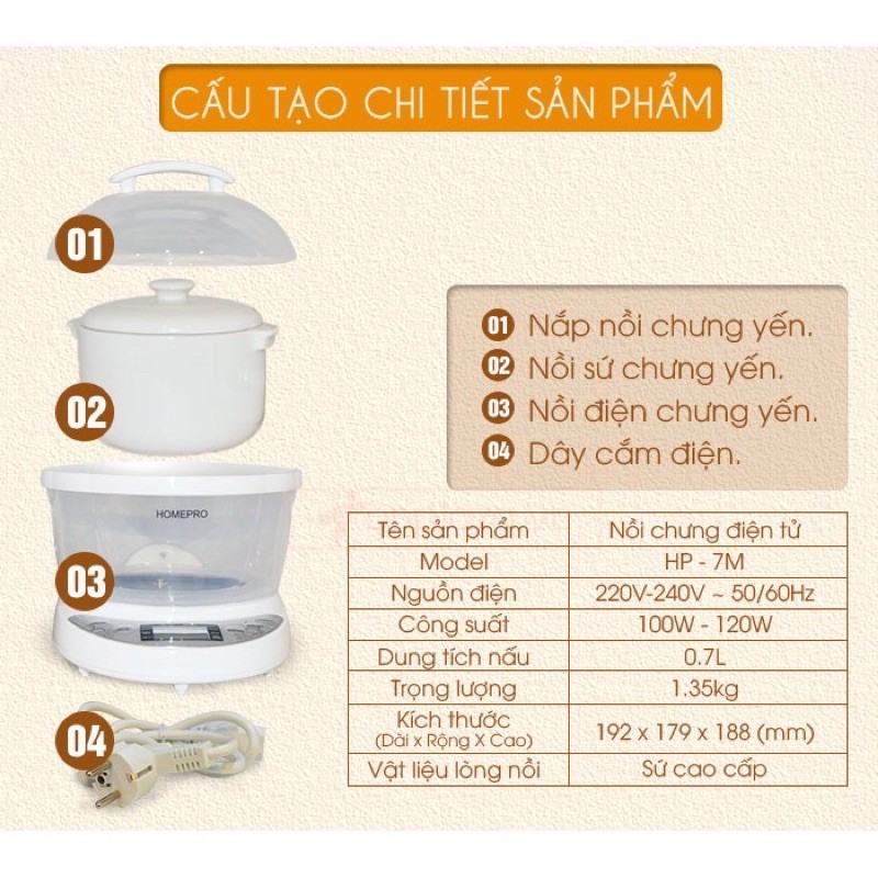 Nồi chưng yến Homepro cao cấp 700ml HP - 7M chính hãng