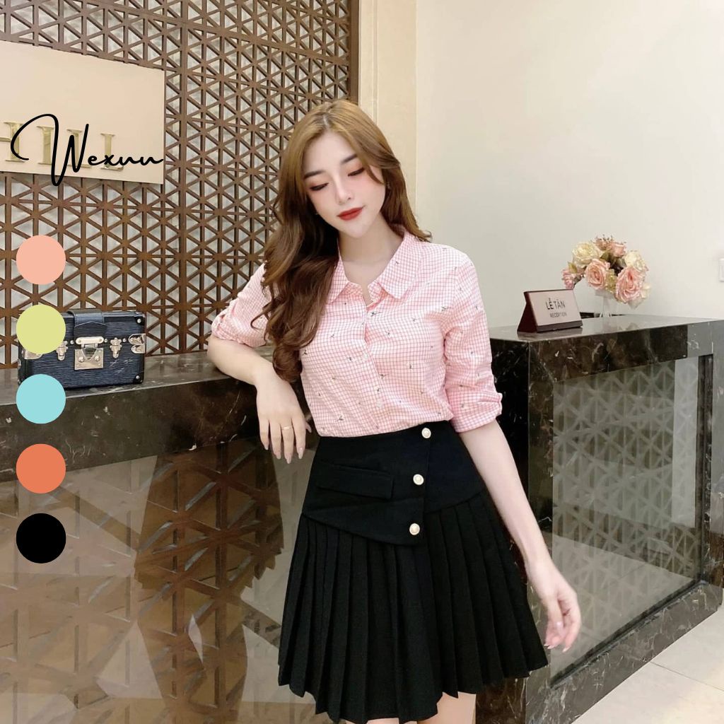 Áo sơ mi nữ công sở Wexuu Design thiết kế tay ngắn kẻ cổ sen chất vải đẹp