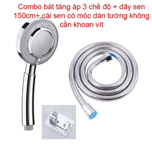 Combo bát sen tăng áp kèm dây sen inox 150cm và cài sen dán tường cao cấp không cần khoan