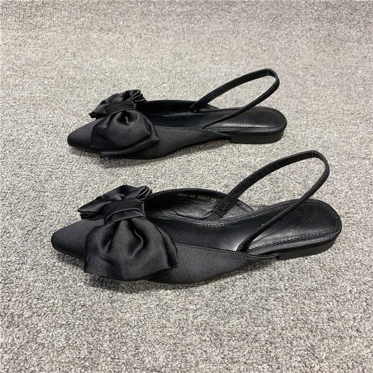 Shoes European Genuine Leather Women 'S Shoes 2021 Summer Pointed Toe Shallow Mouth Bow Pumps Slip-On Flat Retro Sandals