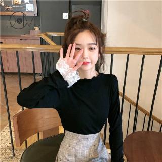Áo Thun Tay Dài Cổ Lọ Phối Ren Chất Nhung Hợp Thời Trang