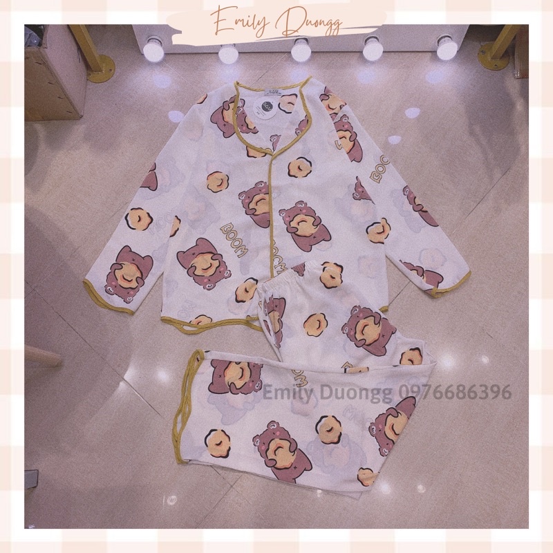 Set bộ pijama gấu nâu viền xoắn vàng