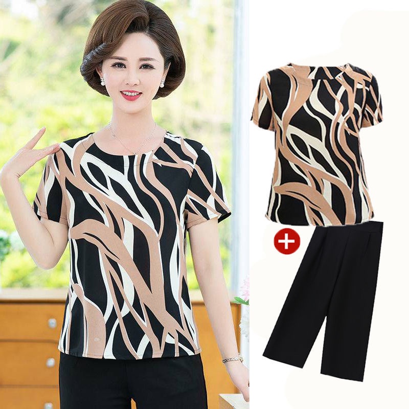 ┇Các bà mẹ trung niên mặc bộ đồ hai mảnh kiểu phương tây mùa hè, phụ nữ và cao tuổi áo thun ngắn tay size đơn /