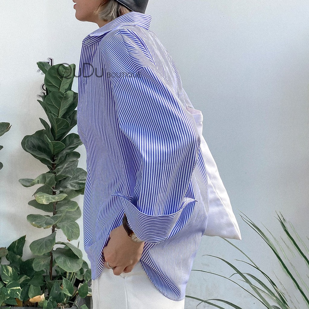 [Mã FAMARAL1 giảm 10K đơn 50K] [HOT TREND] Áo Sơ Mi Nữ QuDu, Sơ Mi Sọc Xanh Dáng Rộng Freesize Đồ Đi Biển Mùa Hè 2021