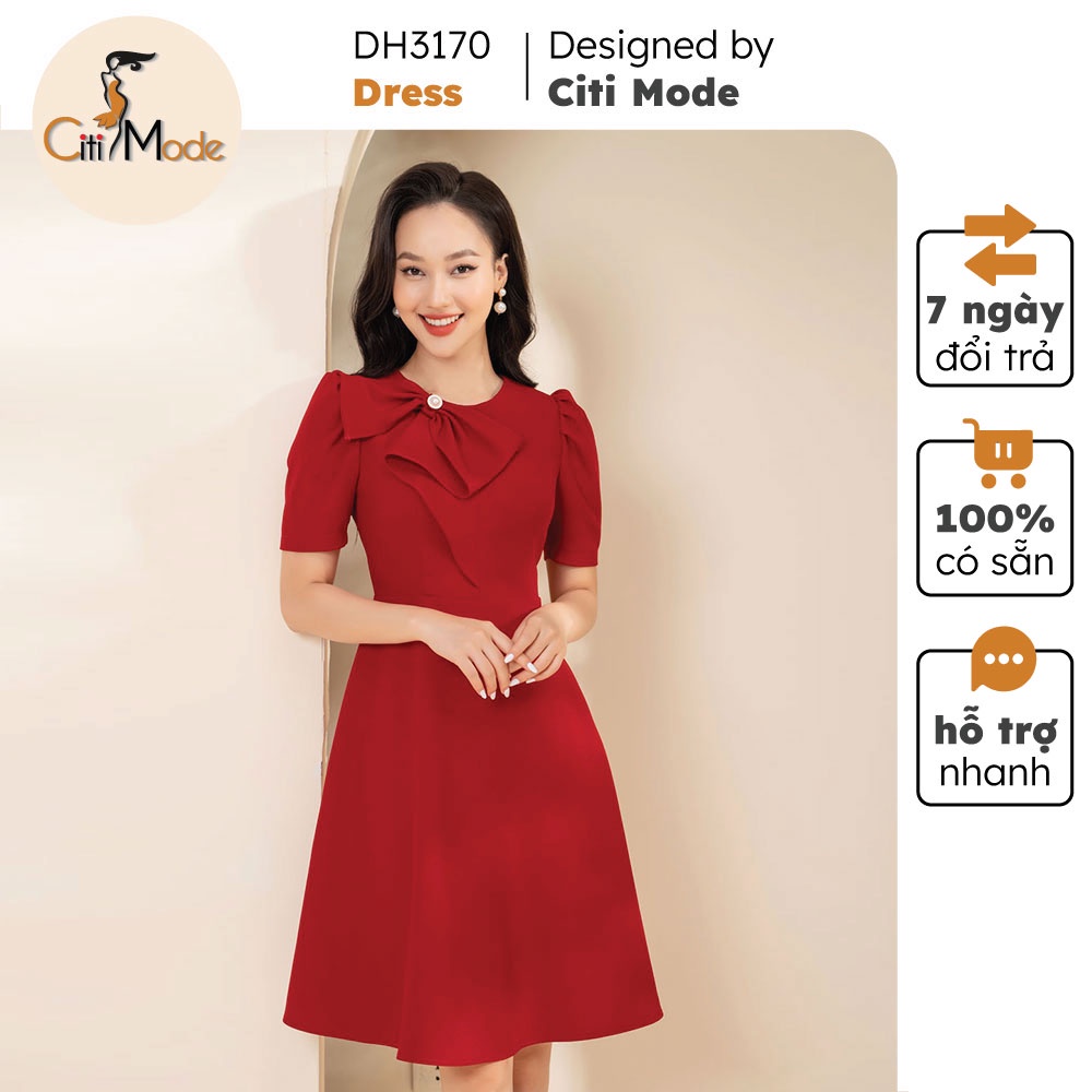 Đầm xòe đỏ công sở CITI MODE đính nơ ngưc chất vải co giãn cao cấp DH3170