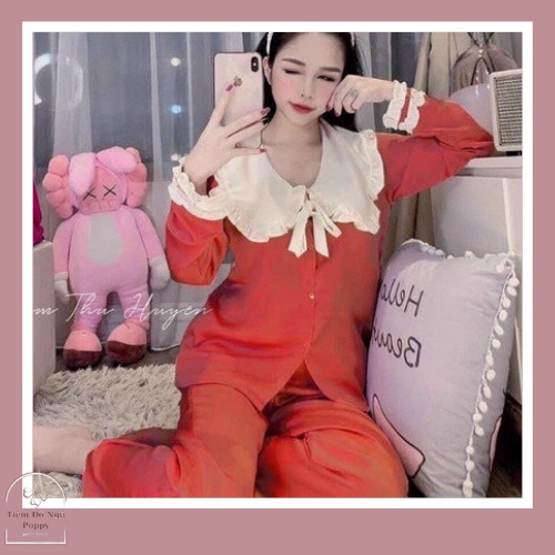 [Qùa tặng dây cột tóc] Đồ ngủ pijama nữ lụa  đẹp,Bộ mặc nhà nữ cao cấp đồ Bộ nữ quần dài POPPY-Nơ bèo