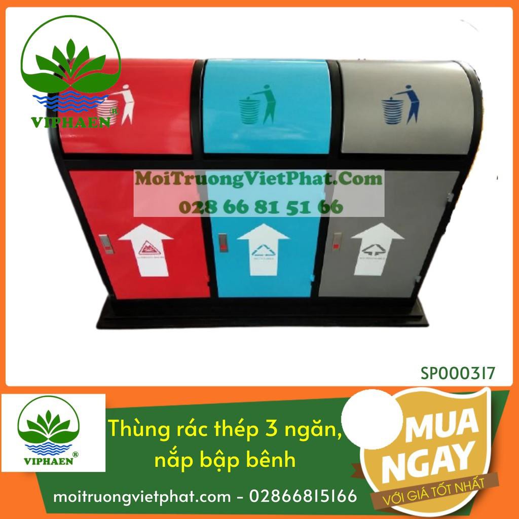 Thùng rác 3 ngăn khung thép, nắp bập bênh ngoài trời