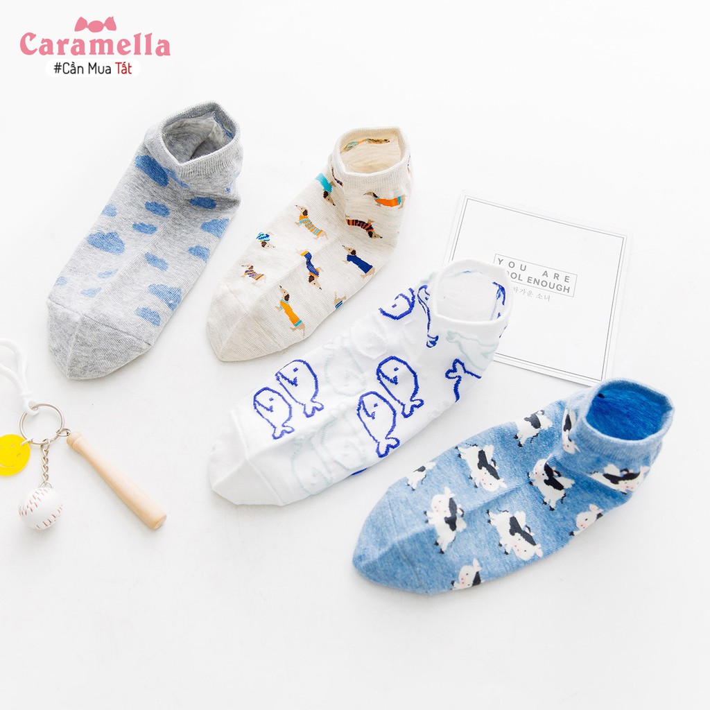 [Vớ nữ cổ ngắn] Tất nữ cổ ngắn cute CARAMELLA 4 đôi mẫu Bò Xanh