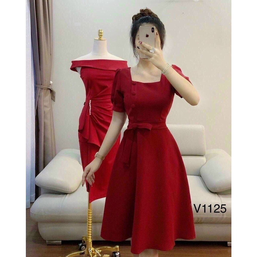 Váy đầm nữ dáng xoè dự tiệc cổ vuông cột nơ eo đính hàng nút sang trọng