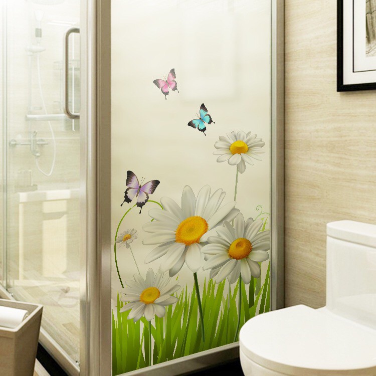 Decal dán kính cao cấp - Hoa Cúc Trắng và Bướm ( 60x116 )
