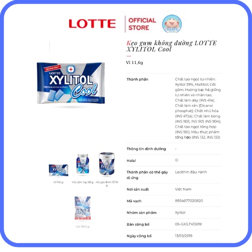 Kẹo gum không đường Lotte Xylitol vị Việt quất/Bạc hà/Dâu/ Cool cực the mát vĩ 11.6g