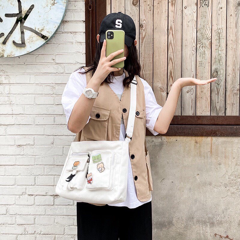 Túi tote vải đeo chéo canvas đi học đi chơi vừa khổ a4 thời trang hazin