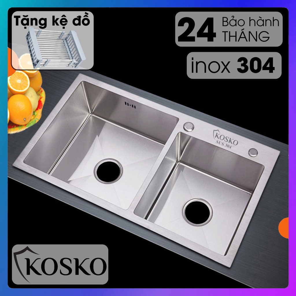 Chậu rửa bát inox 304 KOSKO 82-45cm Đúc 2 hố lệch (Tặng Kệ Để Đồ Đa Năng + Bộ ống xả), Chậu rửa chén inox