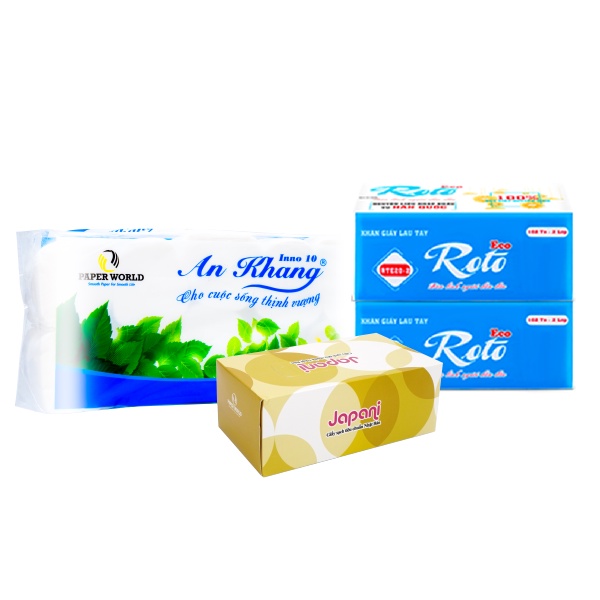 [COMBO GIA ĐÌNH] 10 cuộn giấy nhỏ AKI10, 02 gói khăn giấy rút lau tay đa năng RTE20-2, 01 hộp giấy lụa JPS180