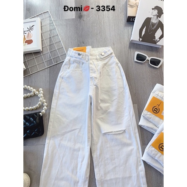 Quần jean nữ ống suông màu trắng rách, lưng kiểu Ms 3354