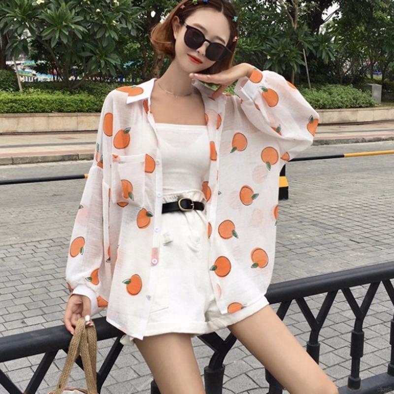 Áo sơ mi chiffon Hàn Quốc họa tiết trái cây cho nữ