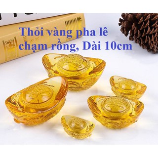 Thỏi vàng chiêu tài lộc bằng pha lê, khắc rồng phong thủy, đem lại may mắn & tiền tài cho gia chủ, dài 10cm
