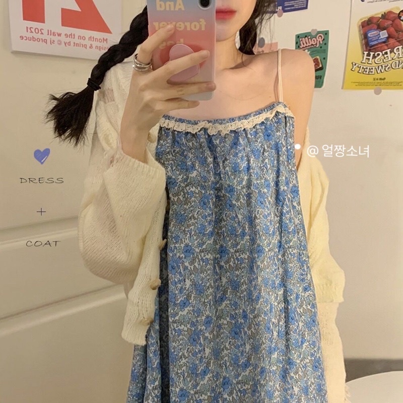 Set áo len mỏng+váy 2 dây dáng baby dolll rộng oversize ☁️