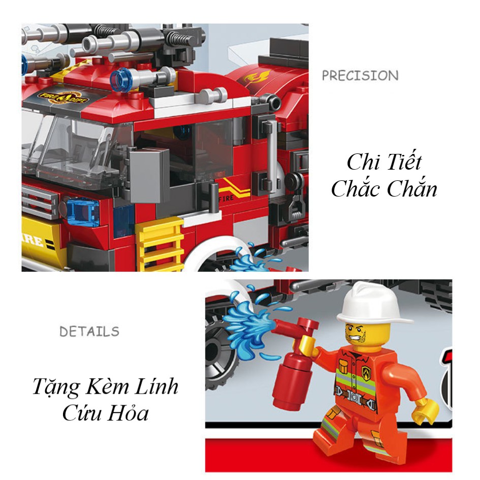 [906 CHI TIẾT-HÀNG CHUẨN] BỘ ĐỒ CHƠI XẾP HÌNH LEGO Lính Cứu Hỏa, Lắp Ghép Xe Cứu Hỏa