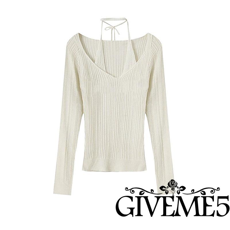 Áo Dệt Kim Tay Dài Cổ Chữ V Màu Trơn Thời Trang Cho Nữ