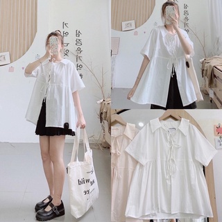 Áo sơ mi kiểu babydoll - Áo babydoll phối dây nơ tiểu thư Ulzzang