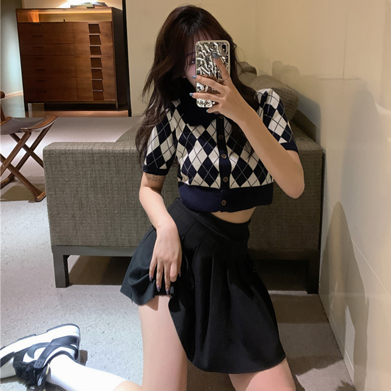 Áo Thun Dệt Kim Tay Ngắn Cổ Bẻ Thiết Kế Đơn Giản Phong Cách Retro Hàn Quốc Thời Trang Cho Nữ