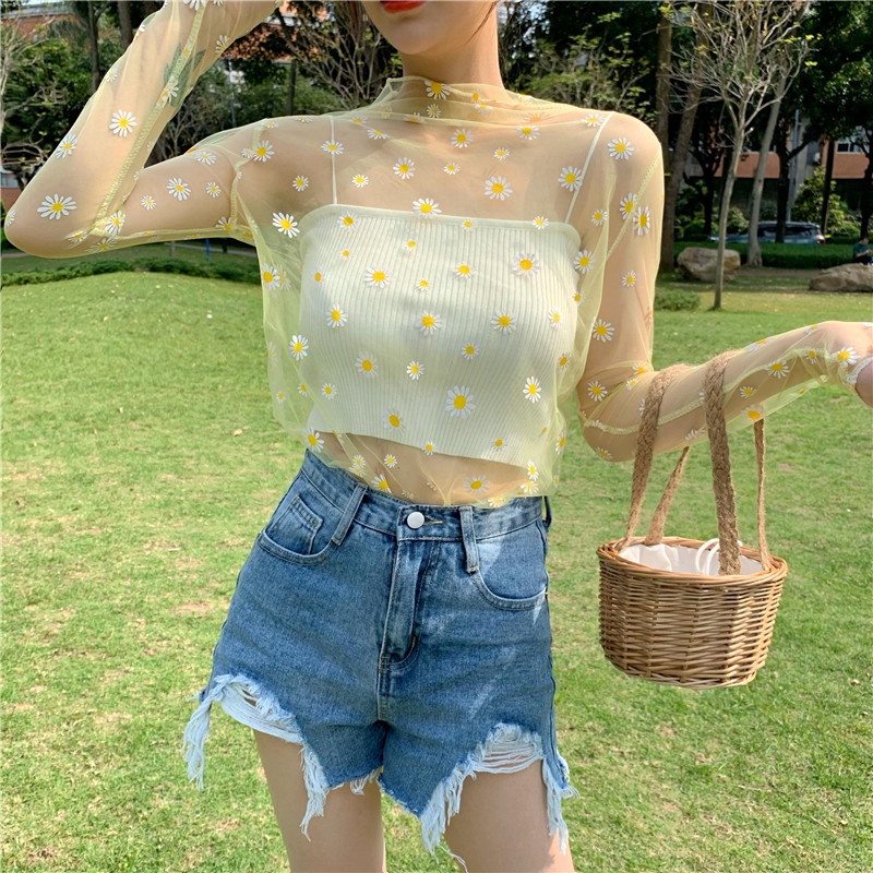 SUXI Áo Tay Dài Dáng Rộng Phối Lưới In Hình Hoa Cúc Kiểu Hàn Quốc Xinh Xắn Cho Nữ