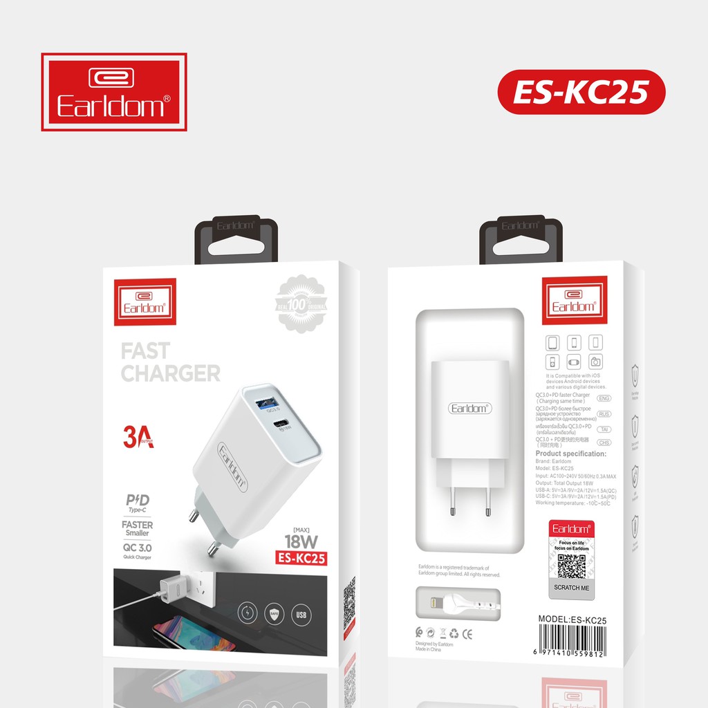 Bộ sạc nhanh 18W Earldom KC25, công nghệ sạc siêu nhanh QC3.0, 2 cổng USB, dùng cho Iphone/Samsung/Oppo/Xiaomi