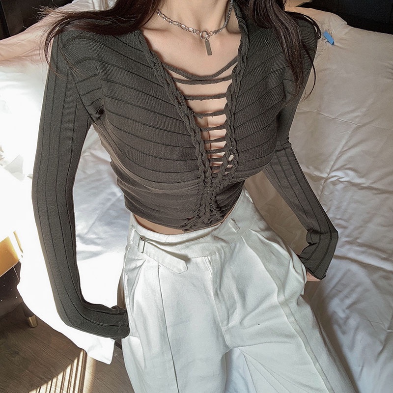 Áo dệt kim tay dài thiết kế cổ chữ v phong cách gợi cảm