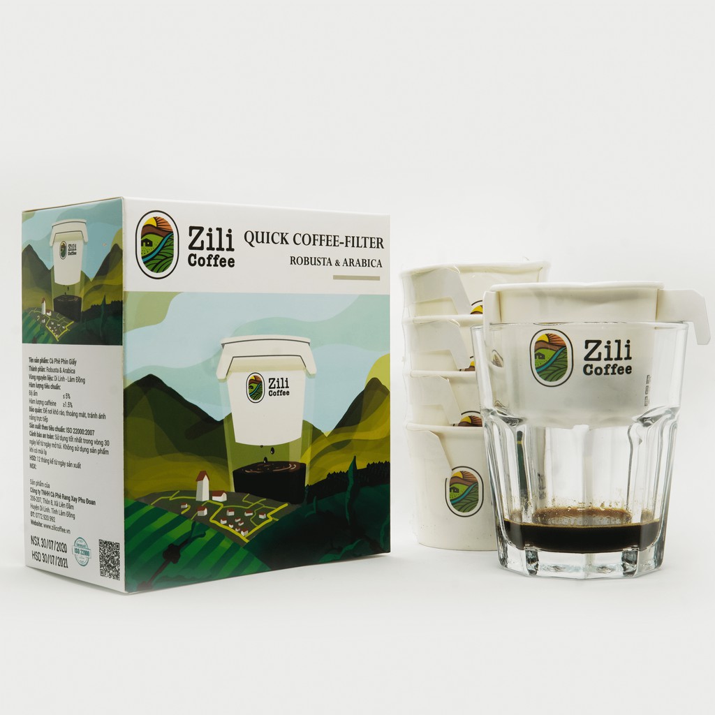 Cà phê rang xay nguyên chất 100% phin giấy tiện lợi Zili Robusta x Arabica tỉ lệ 9/1 (gồm 8 phin giấy + 8 gói đường)