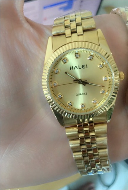Đồng hồ nam HALEI dây kim loại H988 khung vàng đẳng cấp sang