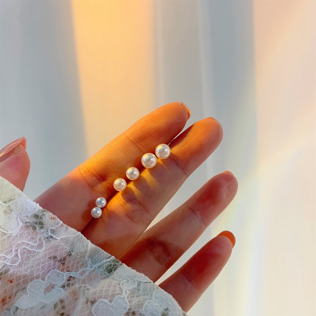 Set 6 bông tai bạc S925 đính hạt tròn đơn giản chống dị ứng thời trang cho nữ