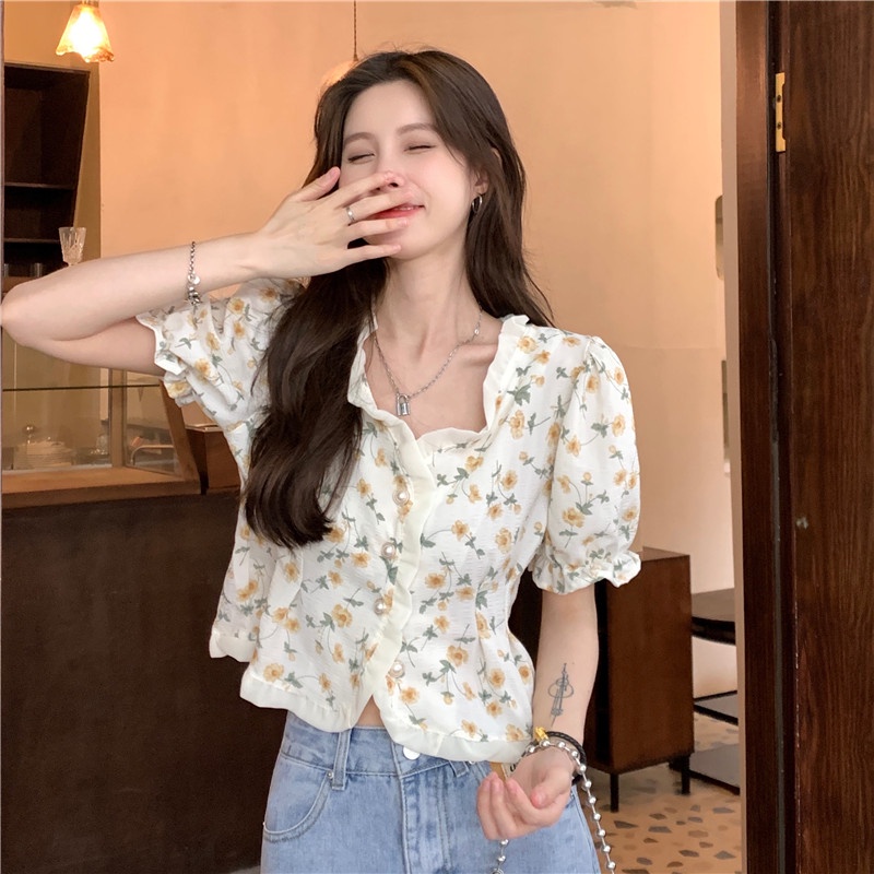 Áo Kiểu Tay Phồng Ngắn Cổ Vuông In Họa Tiết Hoa Thời Trang Hàn Quốc Cho Nữ