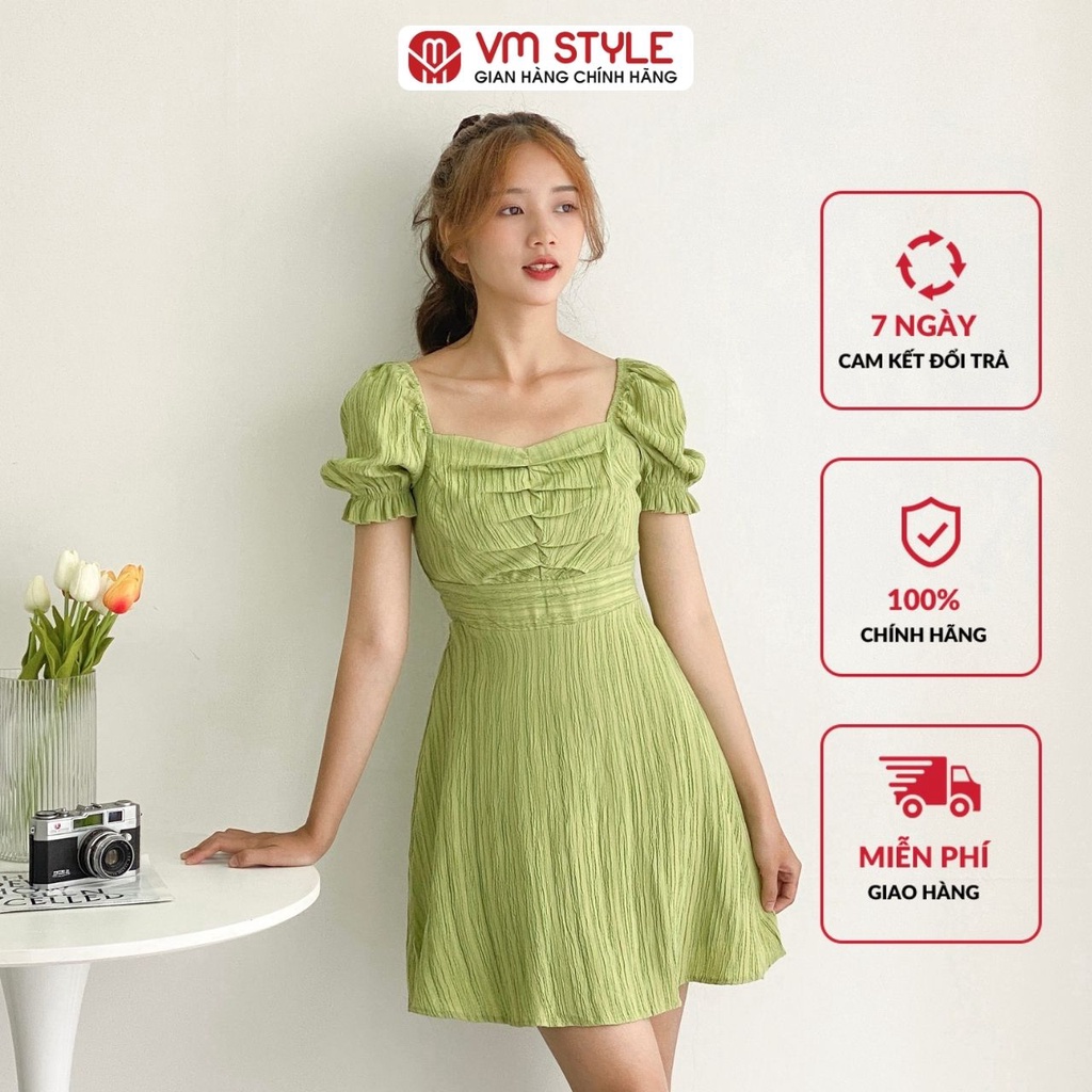 Đầm ngắn nữ xanh lá VMSTYLE chữ A nơ sau tay phồng nhún ngực 0624 22VD03PL2101