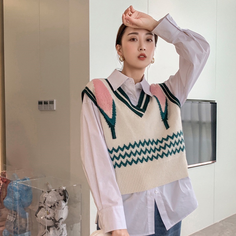 Áo Khoác Len Không Tay Cổ Chữ V Dáng Rộng Màu Sắc Tương Phản Thời Trang Mùa Thu Cho Nữ