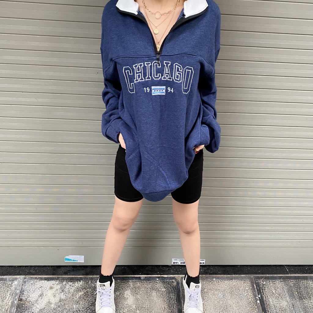 Áo Sweater Nỉ Cổ Khóa thêu chữ CHICAGO 1994- áo Thun Nữ Dài Tay Cổ Bẻ Chữ In | BigBuy360 - bigbuy360.vn