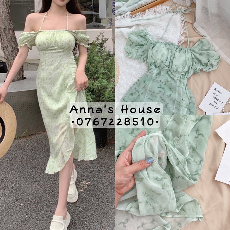 Đầm voan hoa xanh xếp ly ngực cổ yếm rớt vai