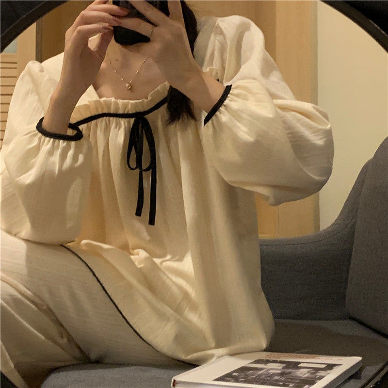 Bộ Đồ Ngủ Tay Dài Phồng Cổ Vuông Dáng Rộng Màu Trắng Dễ Thương Phong Cách Hàn Quốc Cho Nữ | BigBuy360 - bigbuy360.vn