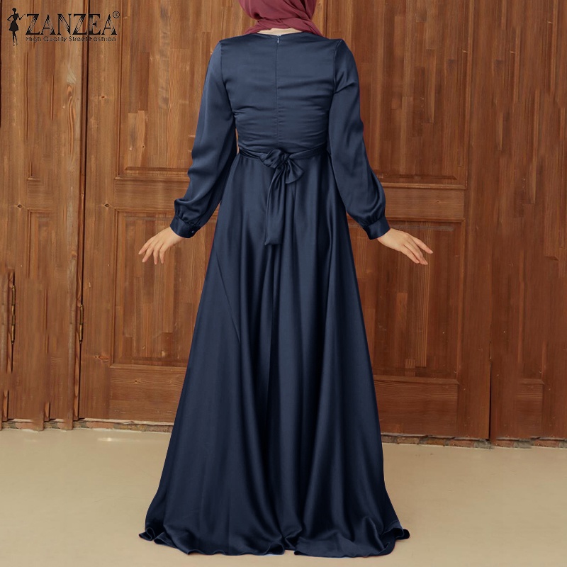 ZANZEA Women Muslim O-Neck Party Solid Satin Lace-Up Elegant Full Sleeve Casual Holiday Swing Maxi Dress