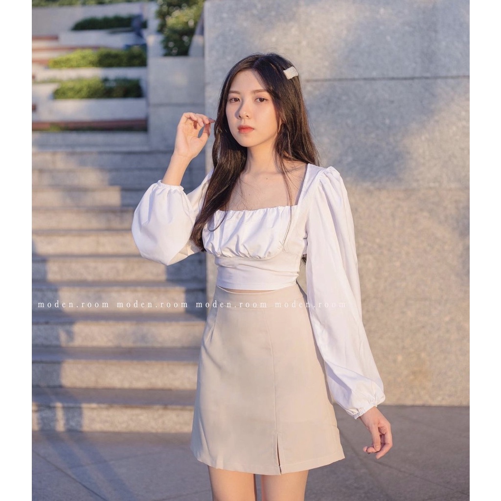 Set áo trắng cổ vuông thắt nơ hở lưng mix chân váy chữ A