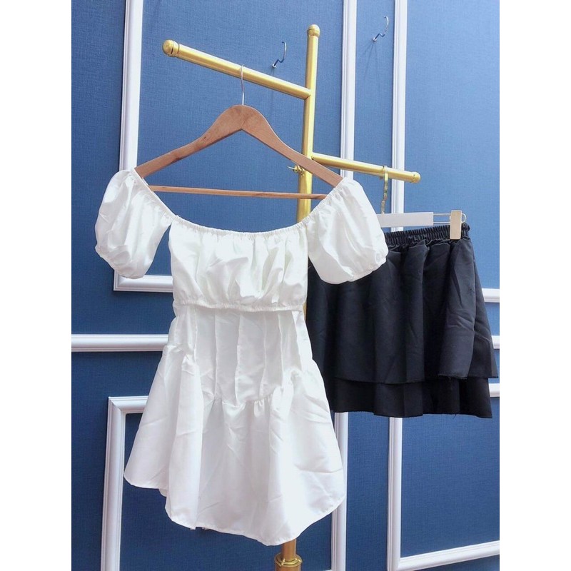 Bộ Áo Trễ Vai Chân Váy Ngắn 🦋 Set Áo Trắng Bèo Kèm Chân Váy Đen 🦋