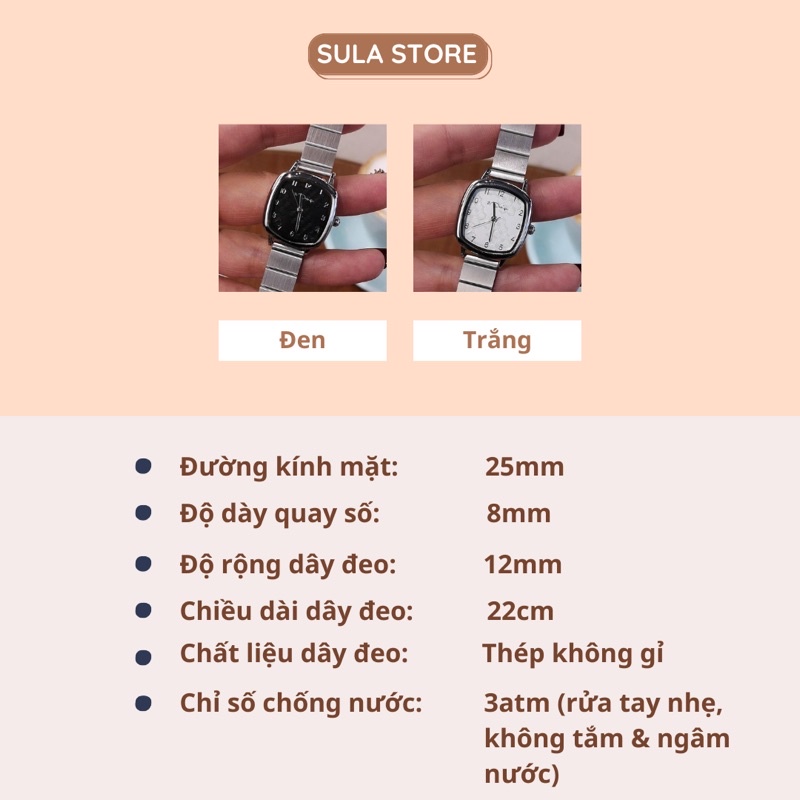 Đồng hồ đeo tay nữ mặt vuông 26mm thiết kế sang trọng dây thép không gỉ có chống nước 3ATM - SULAVIP