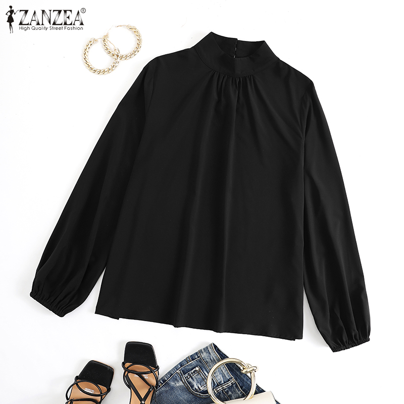 Áo ZANZEA Cổ Cao Xếp Ly Tay Áo Phồng Dài Phong Cách Thường Ngày Thanh Lịch Dành Cho Nữ