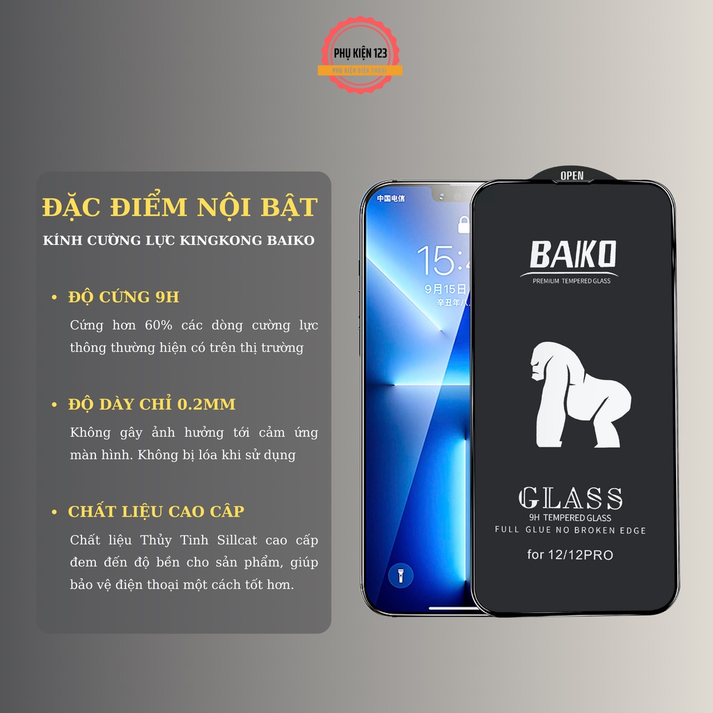 Kính cường lực KingKong Baiko Full Màn cho IP 6/6S/6P/6SP/7Plus/8Plus/X/Xs/XsMax/11/11Pro/11ProMax/12ProMax/13/13ProMax